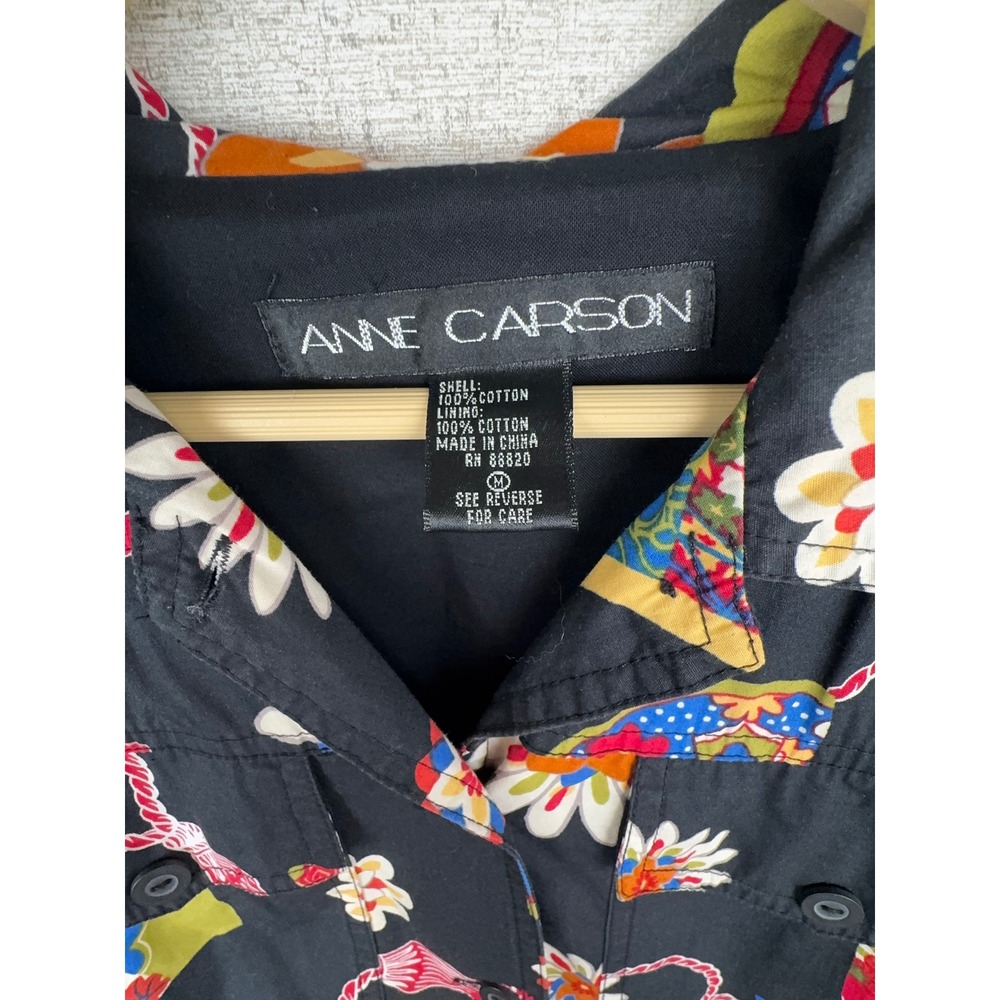 Anne Carson Cotton Jacket — M — Black Floral Fan Print Y2K Cropped Trucker - Picture 3 of 10